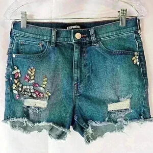Express High Rise Shortie Jeweled Shorts with Frayed Bottom, Size 2